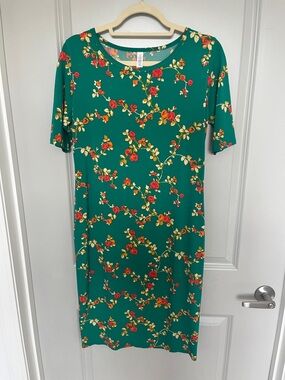 LuLaRoe Green Floral Midi Dress with Red Roses
